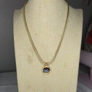 Roman Brand Vintage Gold-Tone Necklace with Clear Crystals & Dark Gray Cabochon
